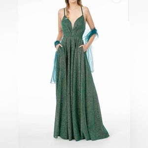 Elizabeth K by Gla Sequined Long Plunging Neck A-Line Dress Green Size S